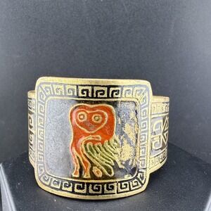 Vintage Cuff Bracelet Brass Tone Enamel Owl Bird 7.5"